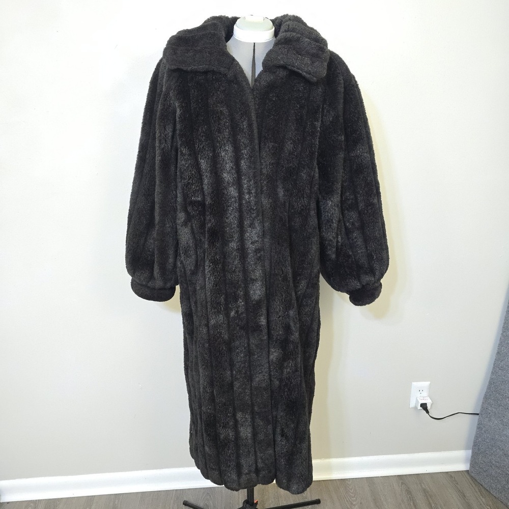 Vintage Monterey Fashions Faux Fur Floor‎ Length Black Coat USA Made Sz 12 Large